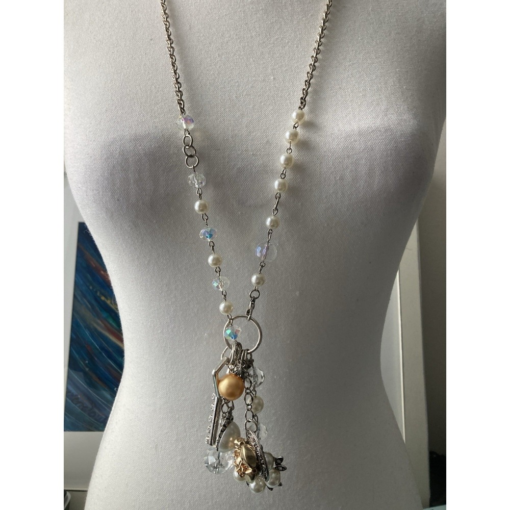 Plunder Silver Tone Charm Pendant Necklace Key Floral Mixed Metal AB Faux Pearl - Picture 1 of 7